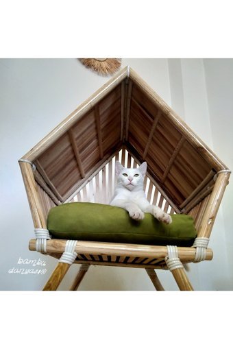 Bambu Kare İç Mekan Kedi Evi Ahşap Rengi