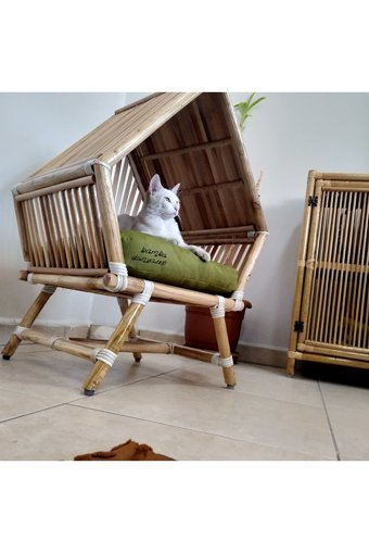 Bambu Kare İç Mekan Kedi Evi Ahşap Rengi
