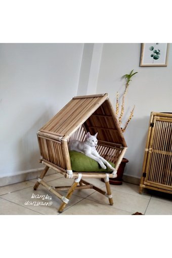 Bambu Kare İç Mekan Kedi Evi Ahşap Rengi