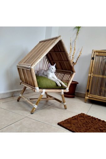 Bambu Kare İç Mekan Kedi Evi Ahşap Rengi