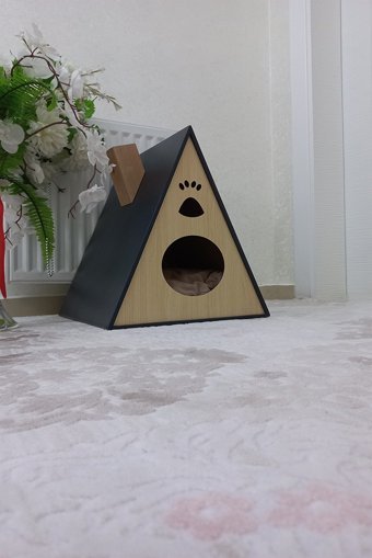 Ruhe Üçgen İç Mekan Kedi Evi Ahşap Rengi-Gri