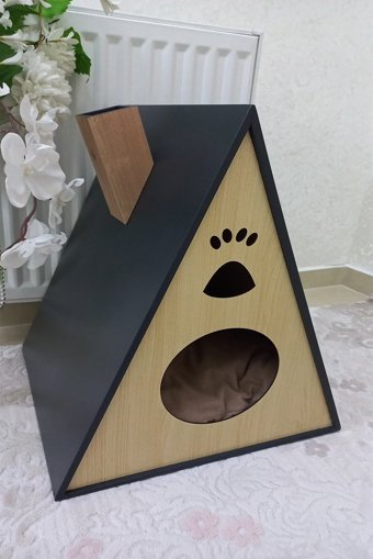 Ruhe Üçgen İç Mekan Kedi Evi Ahşap Rengi-Gri