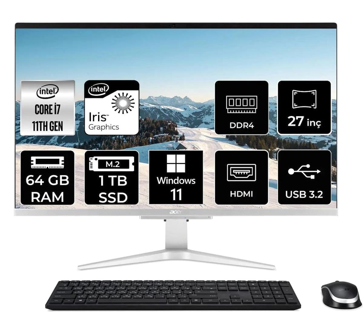 Acer Aspire C27-1655 DQ.BHLEM.002 Dahili Iris Xe Graphics Intel Core i7 1165G7 64 GB Ram 1 TB SSD 27 inç Full HD Windows 11 Home All In One Bilgisayar