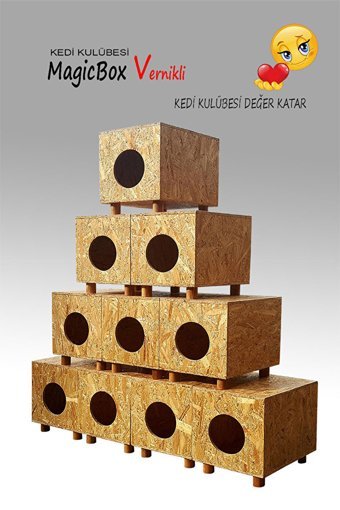 Magicbox Vernikli Dikdörtgen Su Geçirmez Dış Mekan Kedi Evi Ahşap Rengi