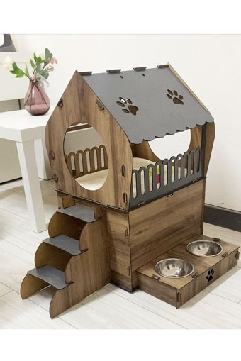 Nursoft Teraslı Dikdörtgen 2 Katlı Dış Mekan-İç Mekan Kedi Evi Ahşap Rengi-Gri + Mama Kabı