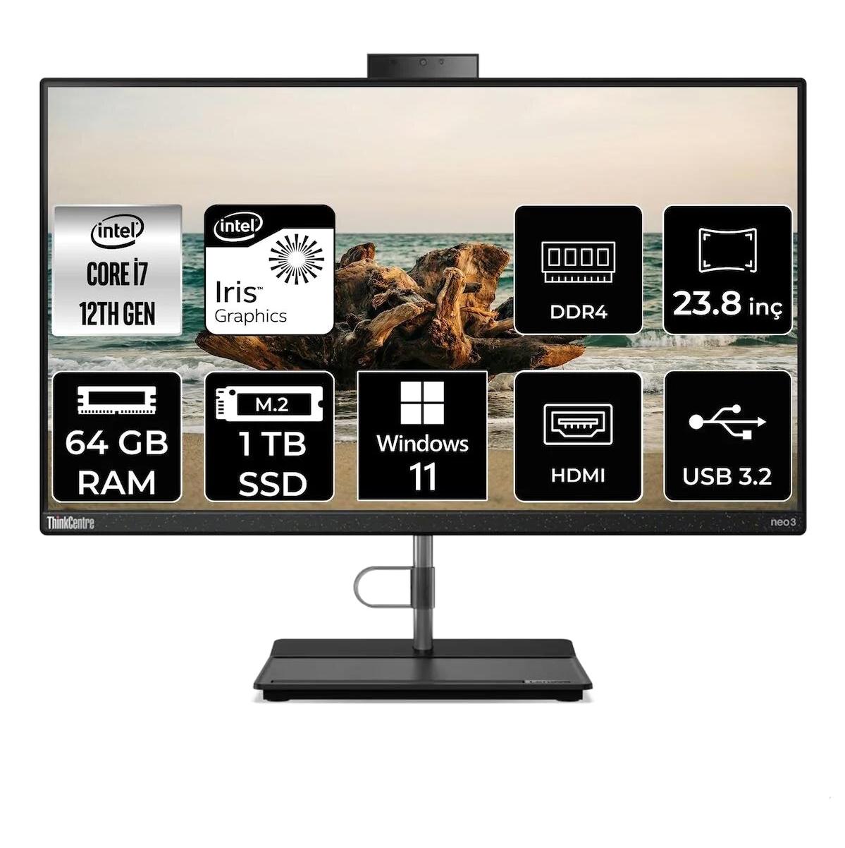 Lenovo ThinkCentre Neo 30A 12B0008JTX Dahili Iris Xe Graphics Intel Core i7 1260P 64 GB Ram 1 TB SSD 23.8 inç Full HD Windows 11 Pro All In One Bilgisayar