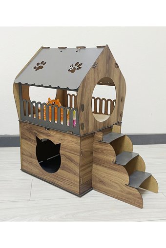 Nursoft Teraslı Dikdörtgen 2 Katlı Dış Mekan-İç Mekan Kedi Evi Ahşap Rengi-Gri + Mama Kabı