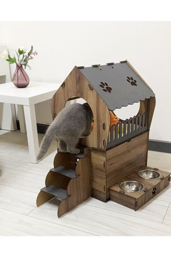 Nursoft Teraslı Dikdörtgen 2 Katlı Dış Mekan-İç Mekan Kedi Evi Ahşap Rengi-Gri + Mama Kabı