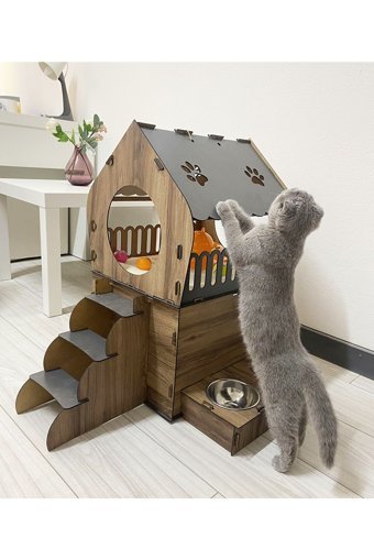 Nursoft Teraslı Dikdörtgen 2 Katlı Dış Mekan-İç Mekan Kedi Evi Ahşap Rengi-Gri + Mama Kabı