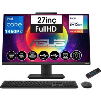 Asus A5702WVAK I7161TBB0D06 Dahili Iris Xe Graphics Intel Core i7 1360P 32 GB Ram 1 TB SSD 27 inç Full HD Freedos All In One Bilgisayar + Zetta Flash Bellek