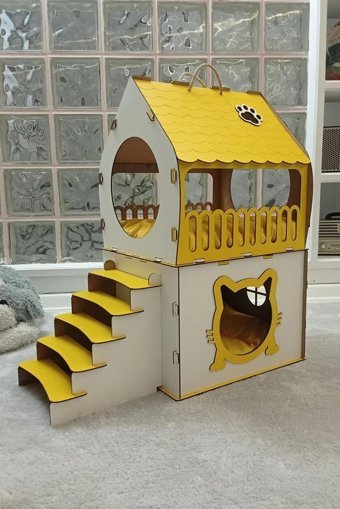 Mabel Dikdörtgen 2 Katlı İç Mekan Kedi Evi Beyaz-Sarı