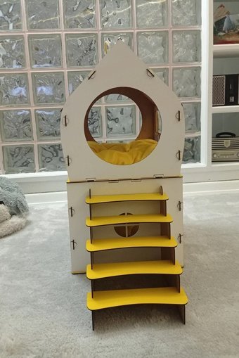 Mabel Dikdörtgen 2 Katlı İç Mekan Kedi Evi Beyaz-Sarı
