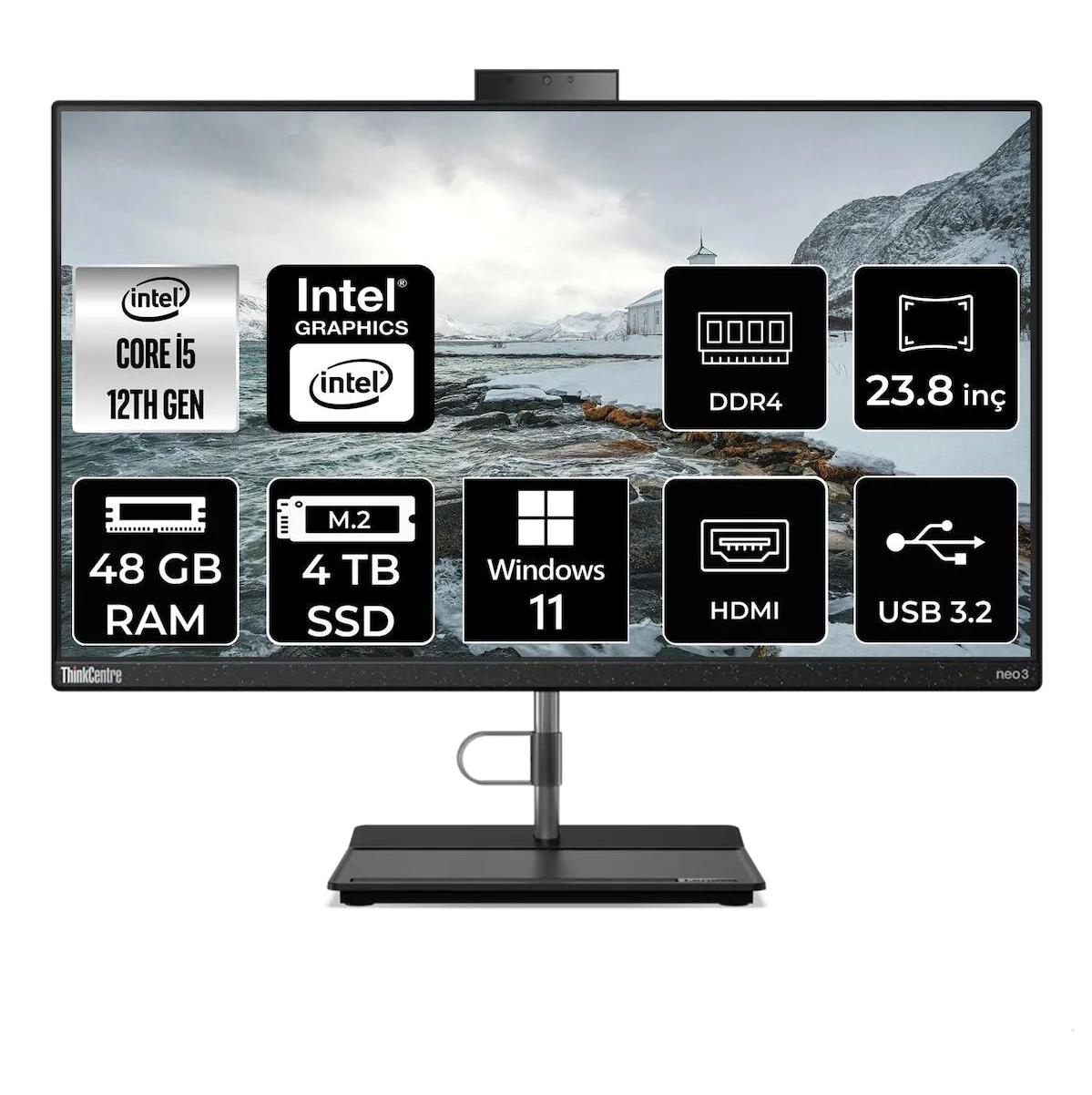 Lenovo ThinkCentre Neo 12CE0086TX Dahili UHD Graphics Intel Core i5 12450H 48 GB Ram 4 TB SSD 23.8 inç Full HD Windows 11 Pro All In One Bilgisayar