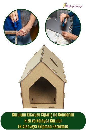 Starlightning Çatılı Çizgili Kare İç Mekan Kedi Evi Ahşap Rengi