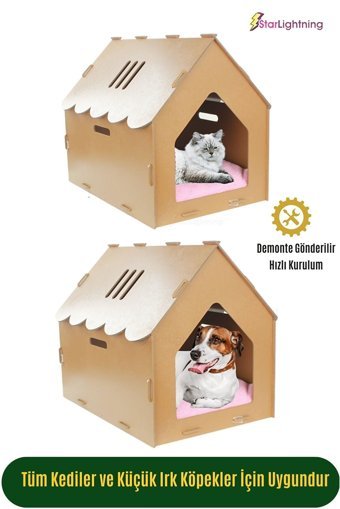 Starlightning Çatılı Çizgili Kare İç Mekan Kedi Evi Ahşap Rengi