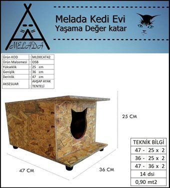 Melada 47x36x25 cm Dikdörtgen Su Geçirmez Dış Mekan Kedi Evi Ahşap Rengi