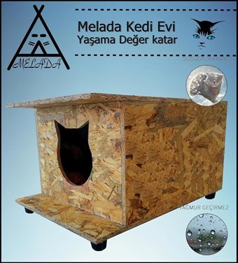 Melada 47x36x25 cm Dikdörtgen Su Geçirmez Dış Mekan Kedi Evi Ahşap Rengi