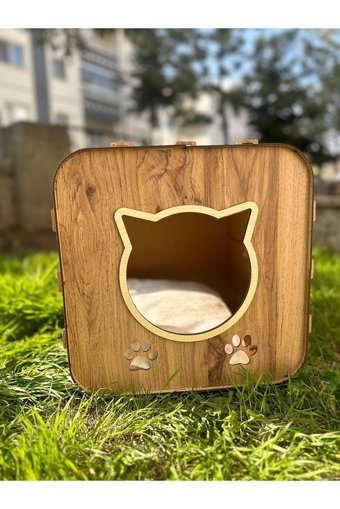 Pati Lüx Dikdörtgen Su Geçirmez Dış Mekan Kedi Evi Ahşap Rengi