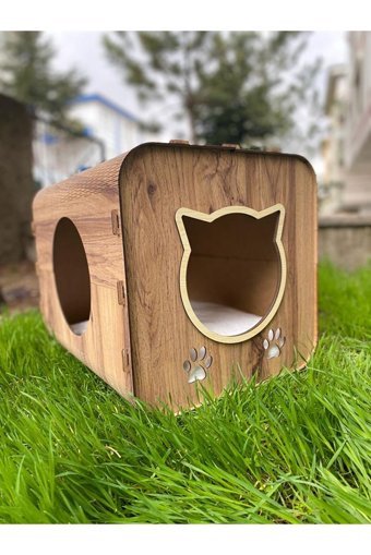 Pati Lüx Dikdörtgen Su Geçirmez Dış Mekan Kedi Evi Ahşap Rengi