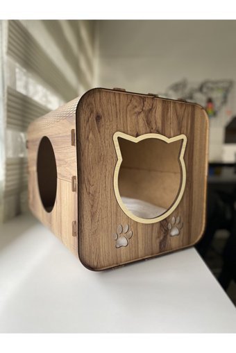 Pati Lüx Dikdörtgen Su Geçirmez Dış Mekan Kedi Evi Ahşap Rengi