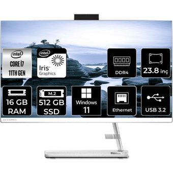 Lenovo IdeaCentre 3 24ITL6 F0G001BGTXP362 Dahili Iris Xe Graphics Intel Core i7 1165G7 16 GB Ram 512 GB SSD 23.8 inç Full HD Windows 11 Home All In One Bilgisayar