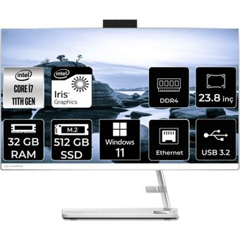 Lenovo IdeaCentre 3 24ITL6 F0G001BGTXP377 Dahili Iris Xe Graphics Intel Core i7 1165G7 32 GB Ram 512 GB SSD 23.8 inç Full HD Windows 11 Home All In One Bilgisayar