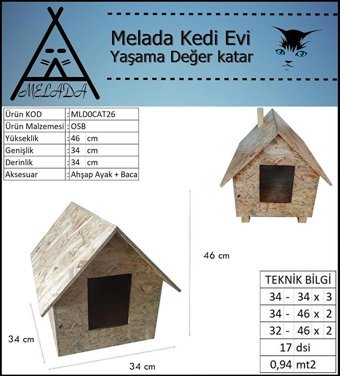 Melada 46x34x34 cm Dikdörtgen Su Geçirmez Dış Mekan Kedi Evi Ahşap Rengi