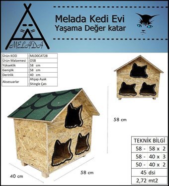 Melada 58x58x40 cm Dikdörtgen Su Geçirmez Dış Mekan Kedi Evi Ahşap Rengi