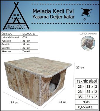 Melada 35x33x23 cm Dikdörtgen Su Geçirmez Dış Mekan Kedi Evi Ahşap Rengi