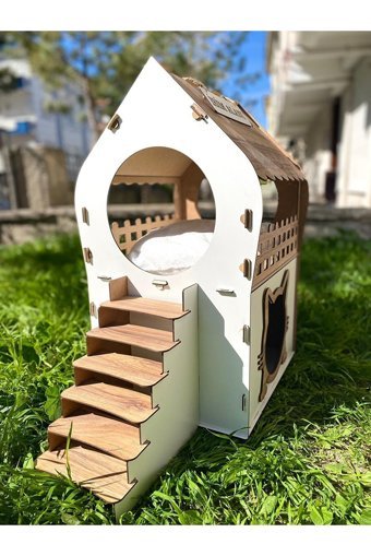 Pati Dikdörtgen 2 Katlı Dış Mekan-İç Mekan Kedi Evi Ahşap Rengi-Beyaz