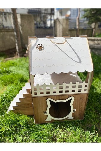 Pati Dikdörtgen 2 Katlı Dış Mekan-İç Mekan Kedi Evi Ahşap Rengi-Beyaz