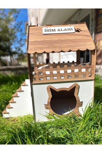 Pati Dikdörtgen 2 Katlı Dış Mekan-İç Mekan Kedi Evi Ahşap Rengi-Beyaz