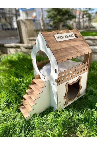 Pati Dikdörtgen 2 Katlı Dış Mekan-İç Mekan Kedi Evi Ahşap Rengi-Beyaz