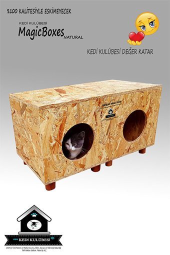 Magicbox İkili Magicbox Natural Dikdörtgen Su Geçirmez Dış Mekan Kedi Evi Ahşap Rengi