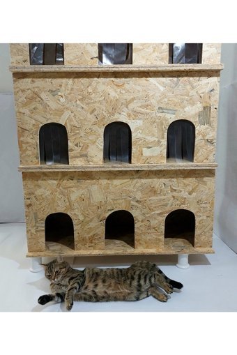 Kumsshop Dikdörtgen 3 Katlı Su Geçirmez Dış Mekan-İç Mekan Kedi Evi Ahşap Rengi