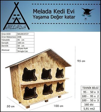 Melada 100x95x50 cm Dikdörtgen 2 Katlı Su Geçirmez Dış Mekan Kedi Evi Ahşap Rengi