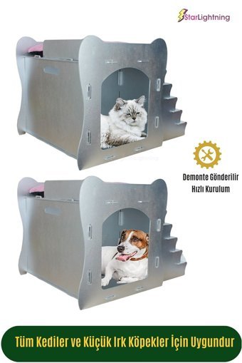 Starlightning Merdivenli Kare İç Mekan Kedi Evi Ahşap Rengi
