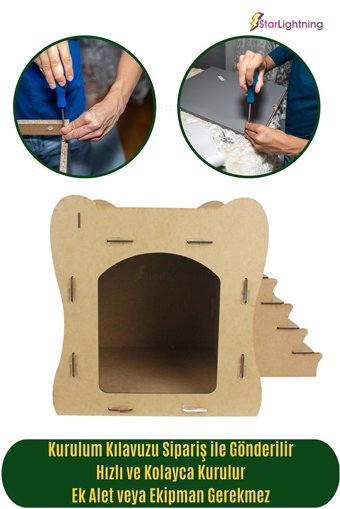 Starlightning Merdivenli Kare İç Mekan Kedi Evi Ahşap Rengi
