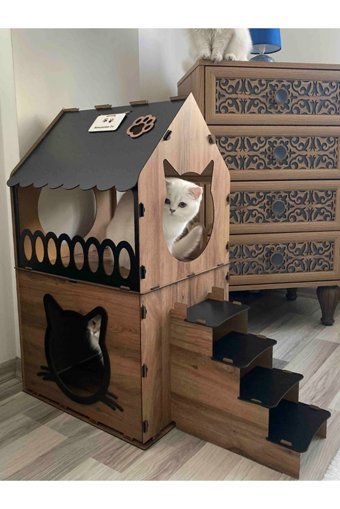 Digitus Dikdörtgen 2 Katlı Dış Mekan Kedi Evi Ahşap Rengi-Lacivert