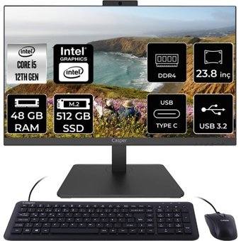 Casper Nirvana A600 A6H.1240-8U00X-V C1240AIO342 Dahili UHD Graphics Intel Core i5 12400 48 GB Ram 512 GB SSD 23.8 inç Full HD Freedos All In One Bilgisayar