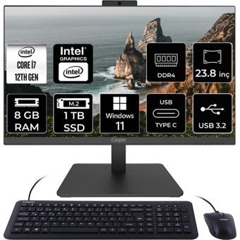 Casper Nirvana A600 A60.1255-DF00X-V C1255AIO353 Dahili Iris Xe Graphics Intel Core i7 1255U 8 GB Ram 1 TB SSD 23.8 inç Full HD Windows 11 Home All In One Bilgisayar