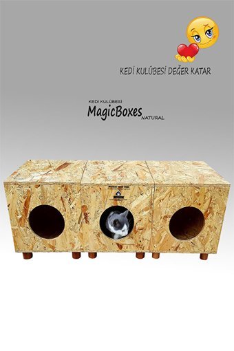 Magicbox 3'Lü Natural Dikdörtgen Su Geçirmez Dış Mekan Kedi Evi Ahşap Rengi