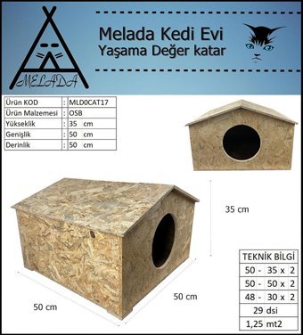 Melada 50x50x35 cm Dikdörtgen Su Geçirmez Dış Mekan Kedi Evi Ahşap Rengi