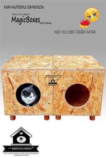 Kedigram İkili Dikdörtgen Su Geçirmez Dış Mekan Kedi Evi Ahşap Rengi