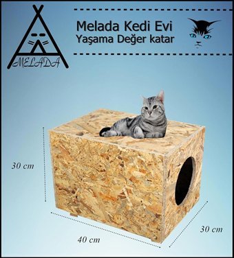 Melada 40x30x30 cm Dikdörtgen Su Geçirmez Dış Mekan Kedi Evi Ahşap Rengi