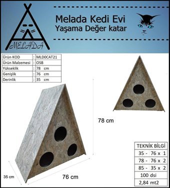 Melada 78x76x35 cm Üçgen Su Geçirmez Dış Mekan Kedi Evi Ahşap Rengi