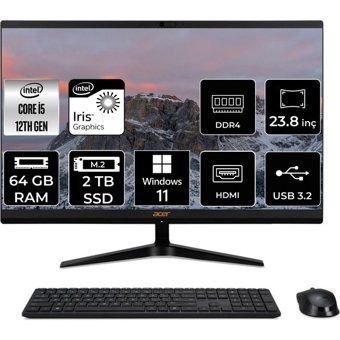Acer Aspire C24-1700 DQBJWEMP458 Dahili Iris Xe Graphics Intel Core i5 1235U 64 GB Ram 2 TB SSD 23.8 inç Full HD Windows 11 Pro All In One Bilgisayar