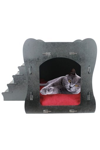 Evene Merdivenli Dikdörtgen İç Mekan Kedi Evi Gri