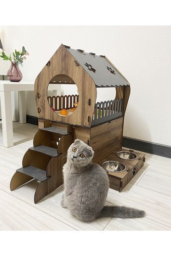 Life Hobi Dikdörtgen 2 Katlı İç Mekan Kedi Evi Ahşap Rengi-Gri