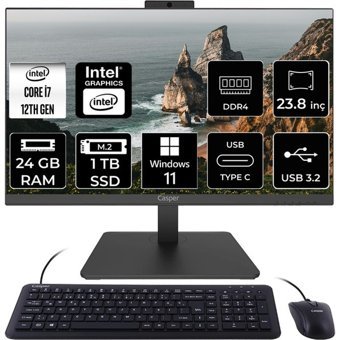 Casper Nirvana A600 A6H.1270-BV00X-V C1270AIO373 Dahili UHD Graphics Intel Core i7 12700 24 GB Ram 1 TB SSD 23.8 inç Full HD Windows 11 Home All In One Bilgisayar